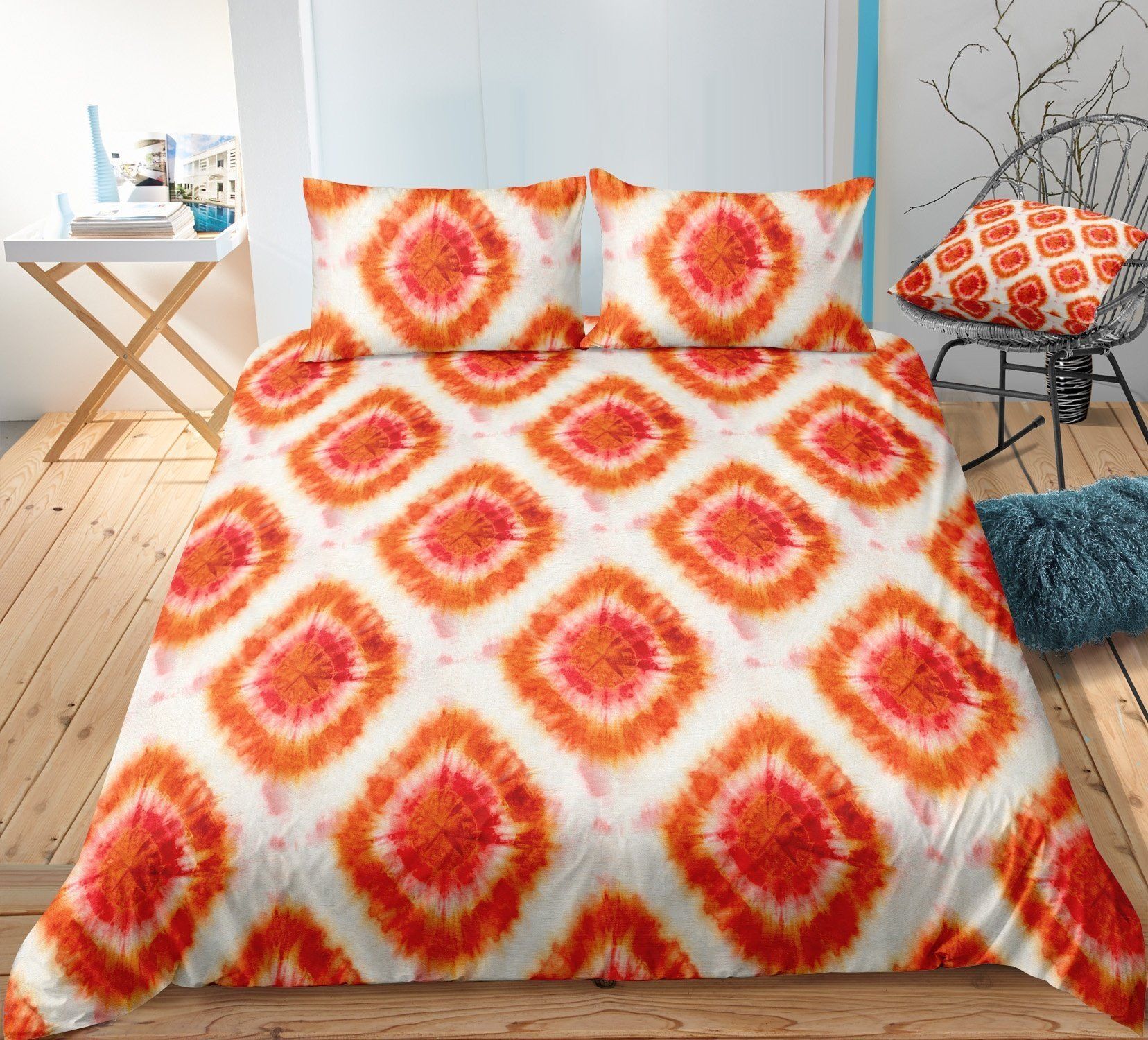Orange And White Batik Printed Bedding Set