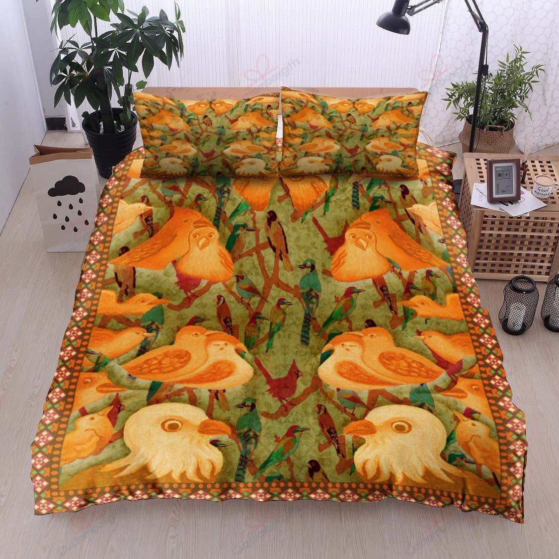 Orange Birds Pattern Printed Bedding Set