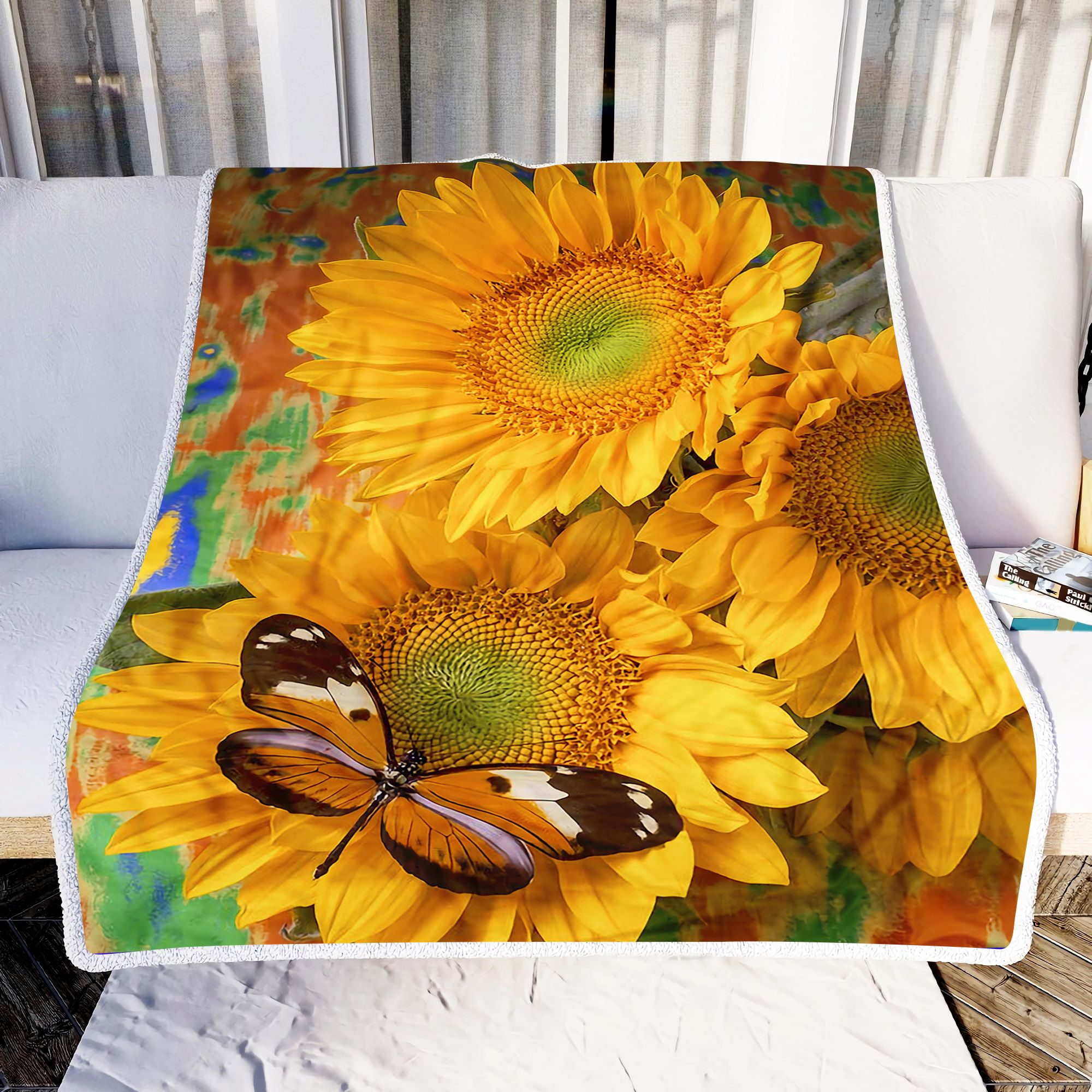 Orange Black Butterfly And Sunflowers Fleece Blanket