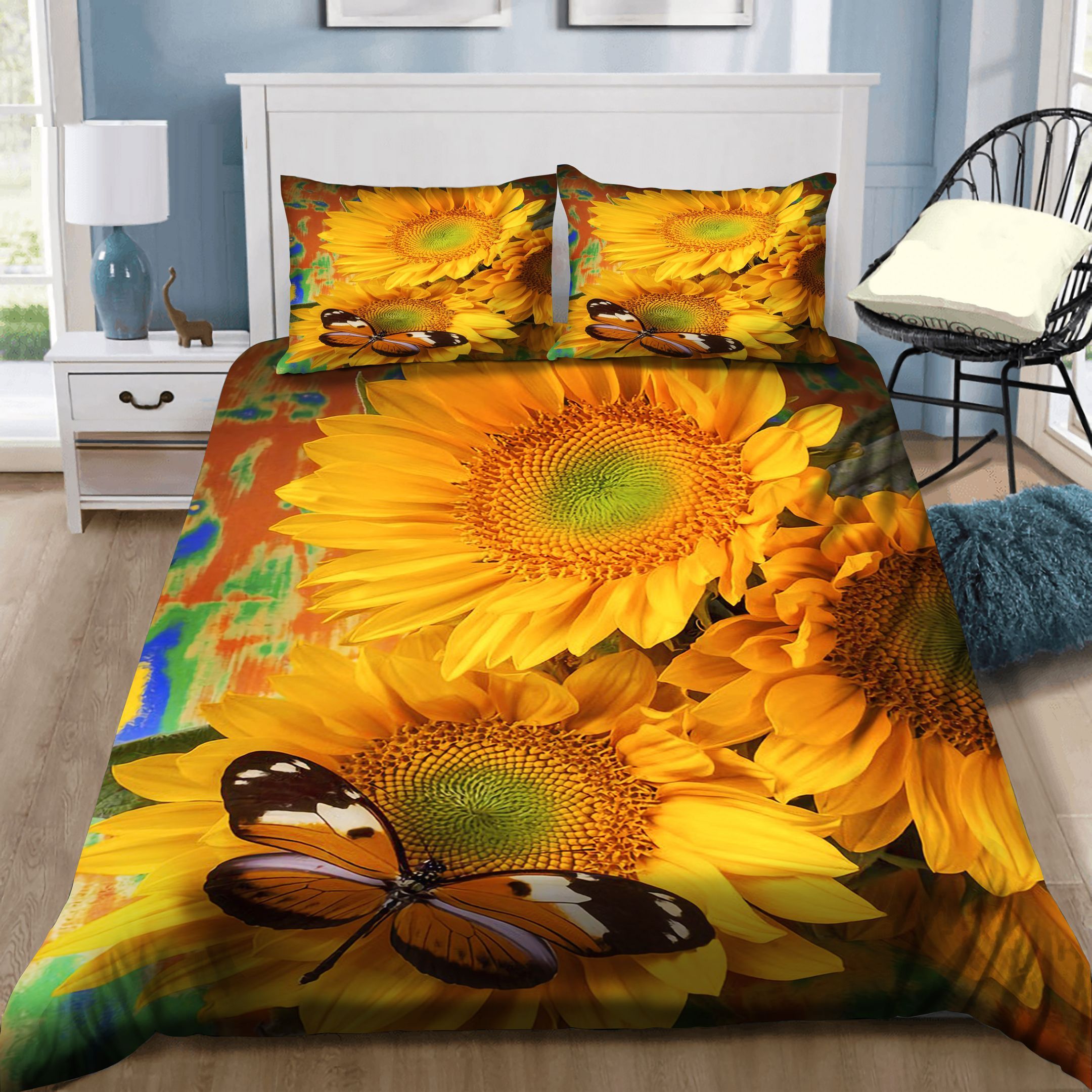 Orange Black Butterfly And Sunflowers Bedding Set