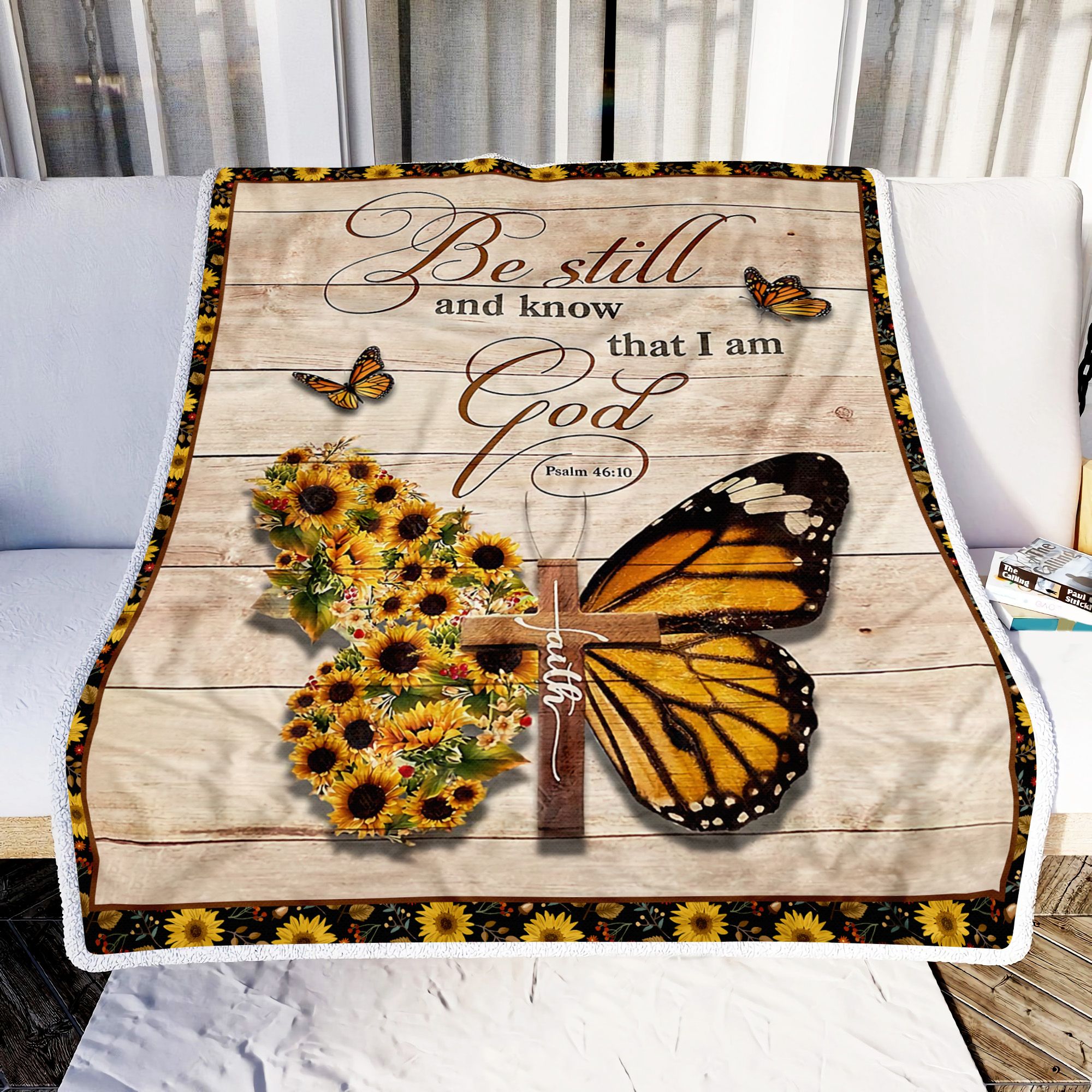 Orange Butterflies Be Still That God Faith Sunflowers Fleece Blanket
