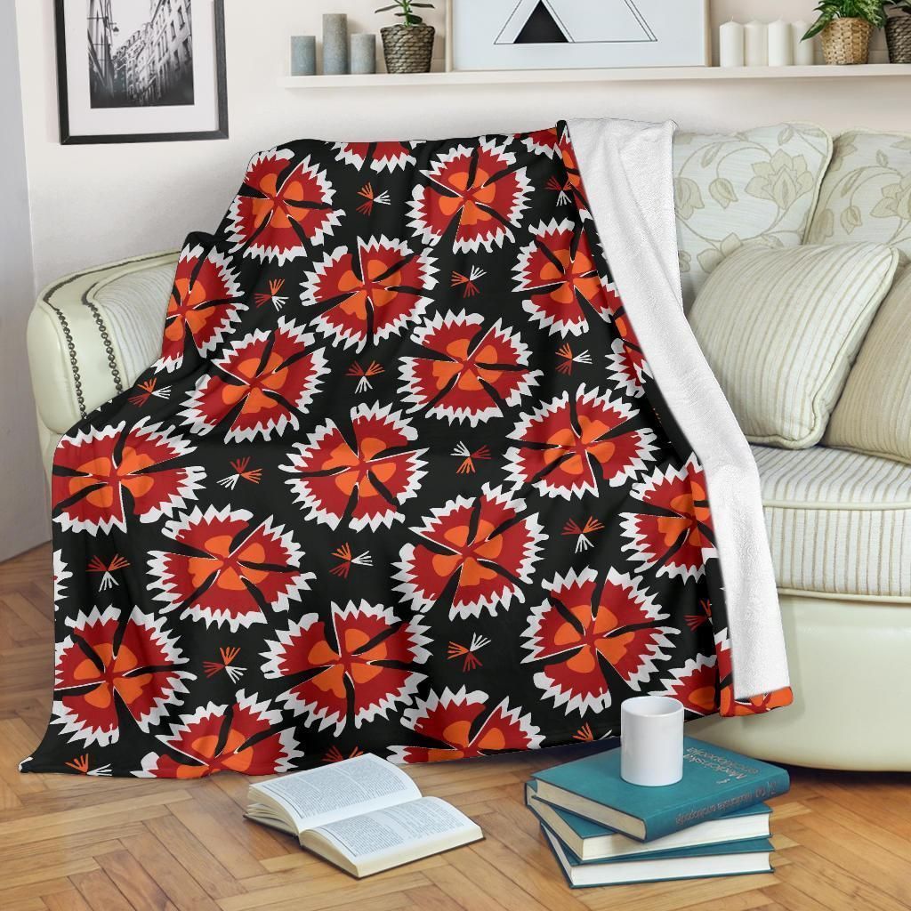 Orange Carnations Pattern Print Design Black Fleece Blanket