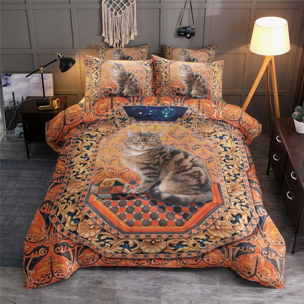 Orange Flower And Cat Bedding Set
