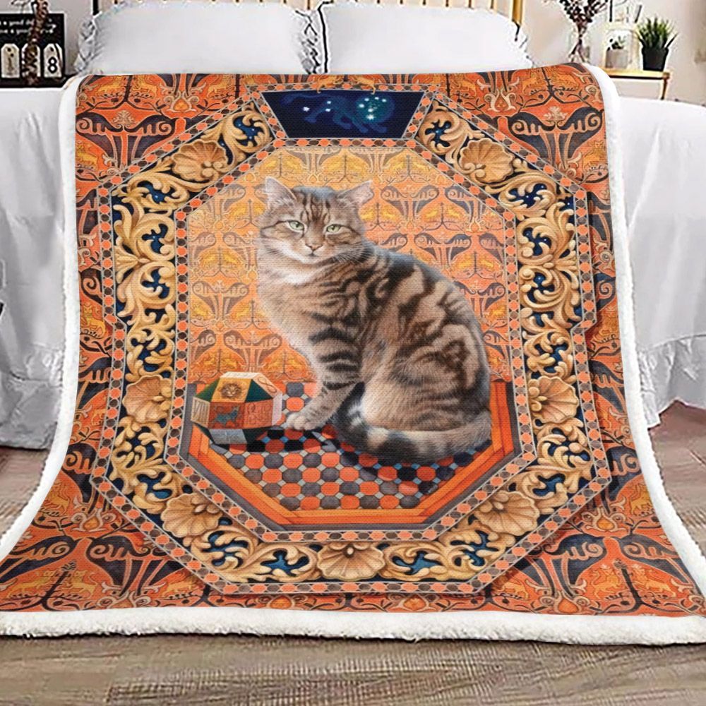Orange Flower And Cat Sherpa Fleece Blanket