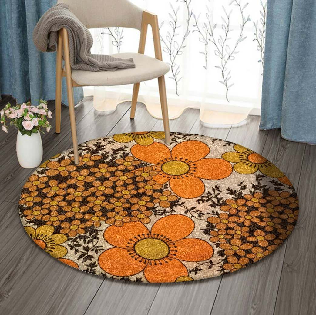 Orange Flower Round Carpet