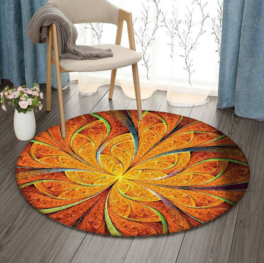 Orange Fractal Flower Round Carpet