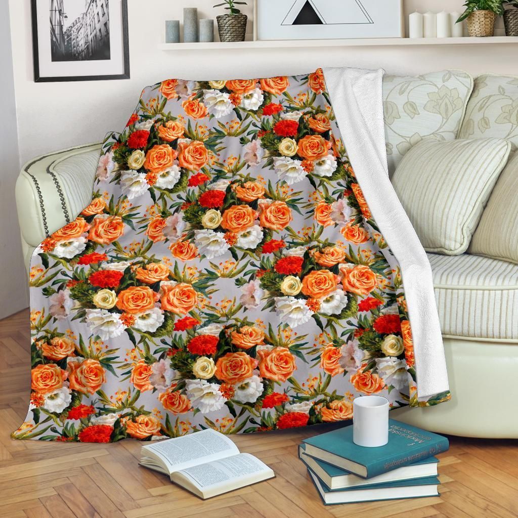 Orange Lisianthus Pattern Print Design Fleece Blanket