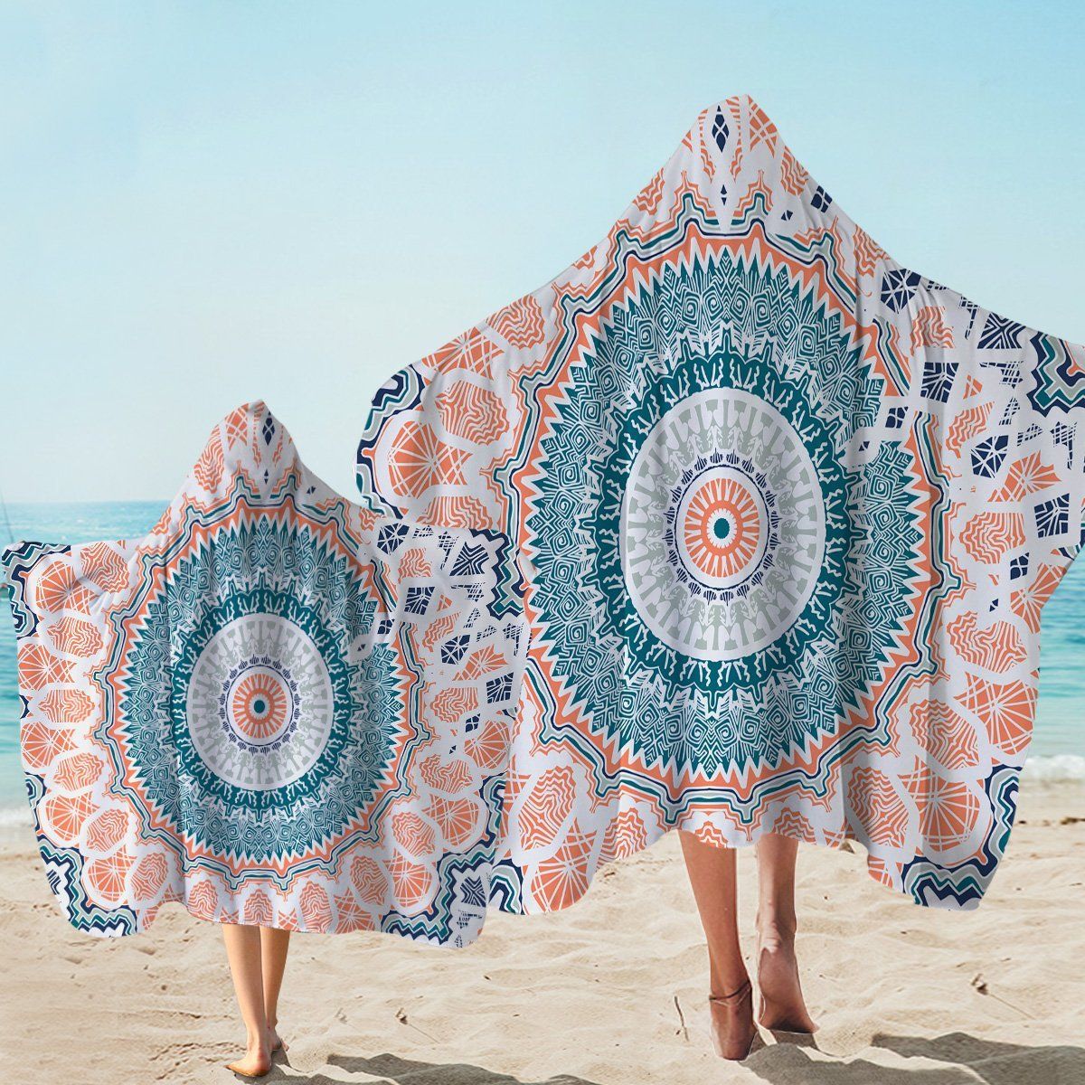 Orange Mandala Wheel Pattern Printed Hooded Towel