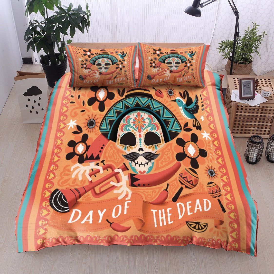 Orange Pattern Day Of The Dead Birds Bedding Set