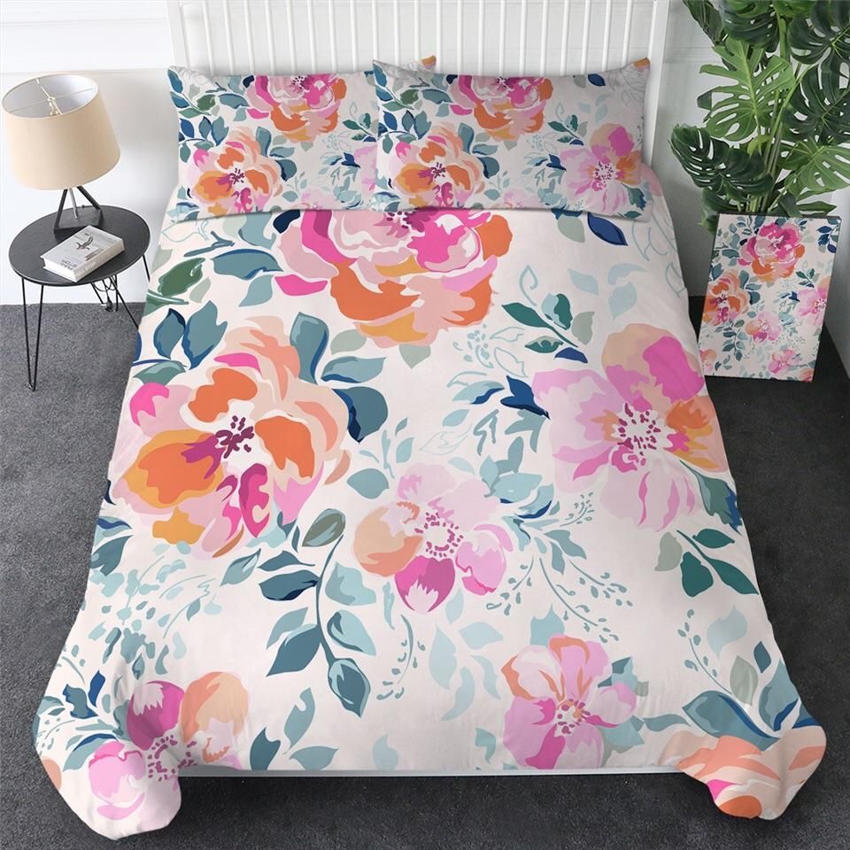 Orange Pink Flowers Bedding Set