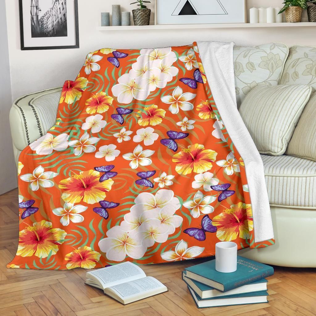 Orange Tropical Flower Pattern Print Design Fleece Blanket