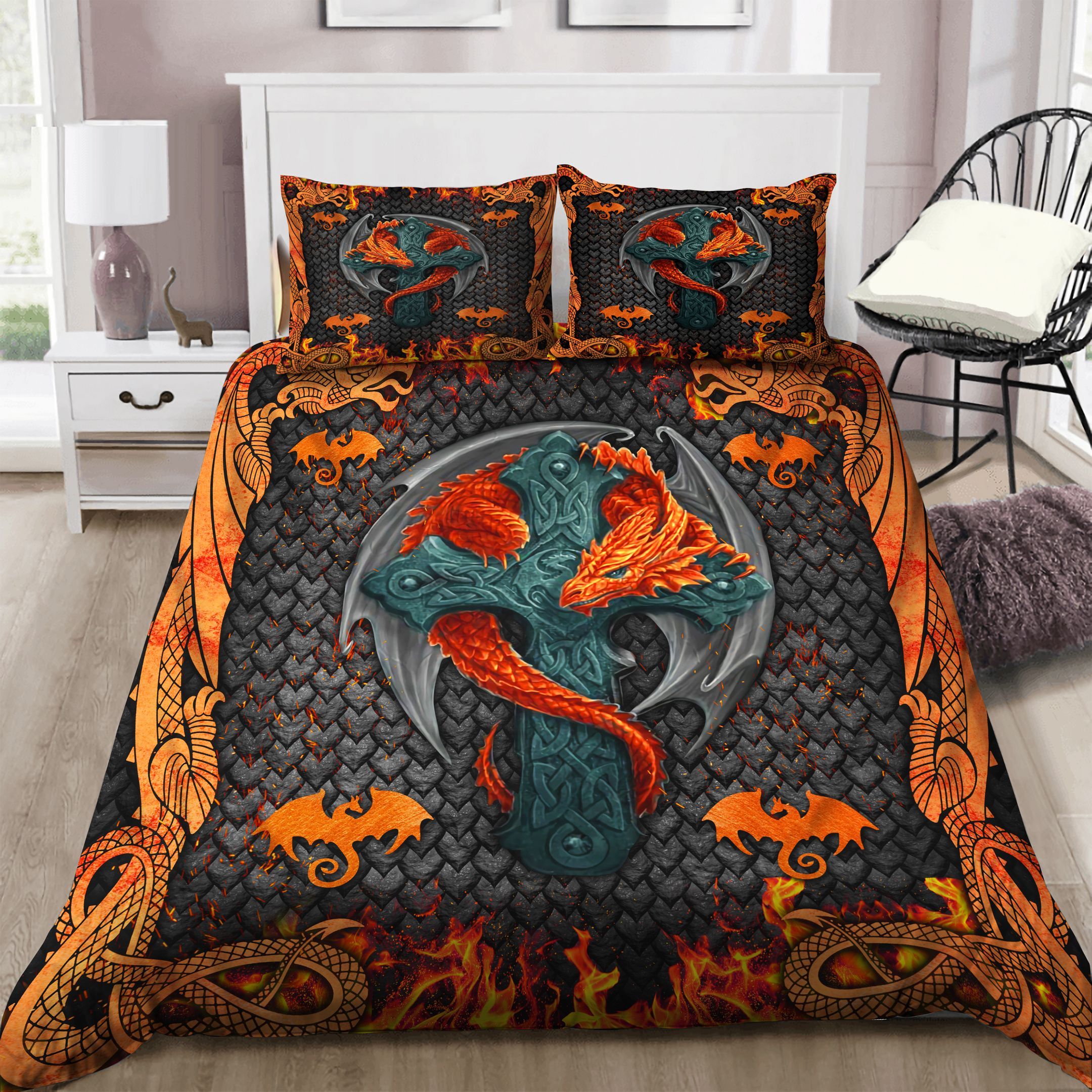 Orange Viking Dragon Bedding Set