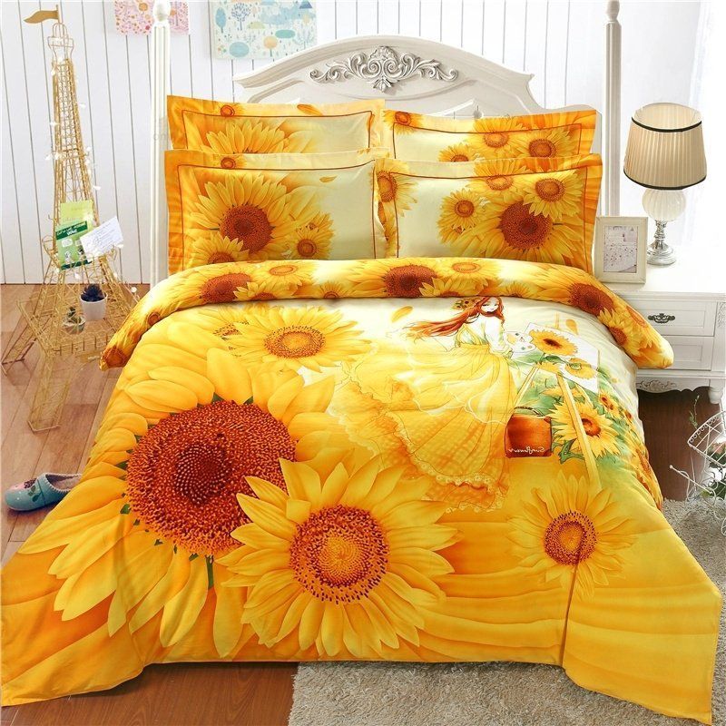 Orange Yellow And White Girl And Sunflower Print Princess Style Stylish And Elegant Bedding Set