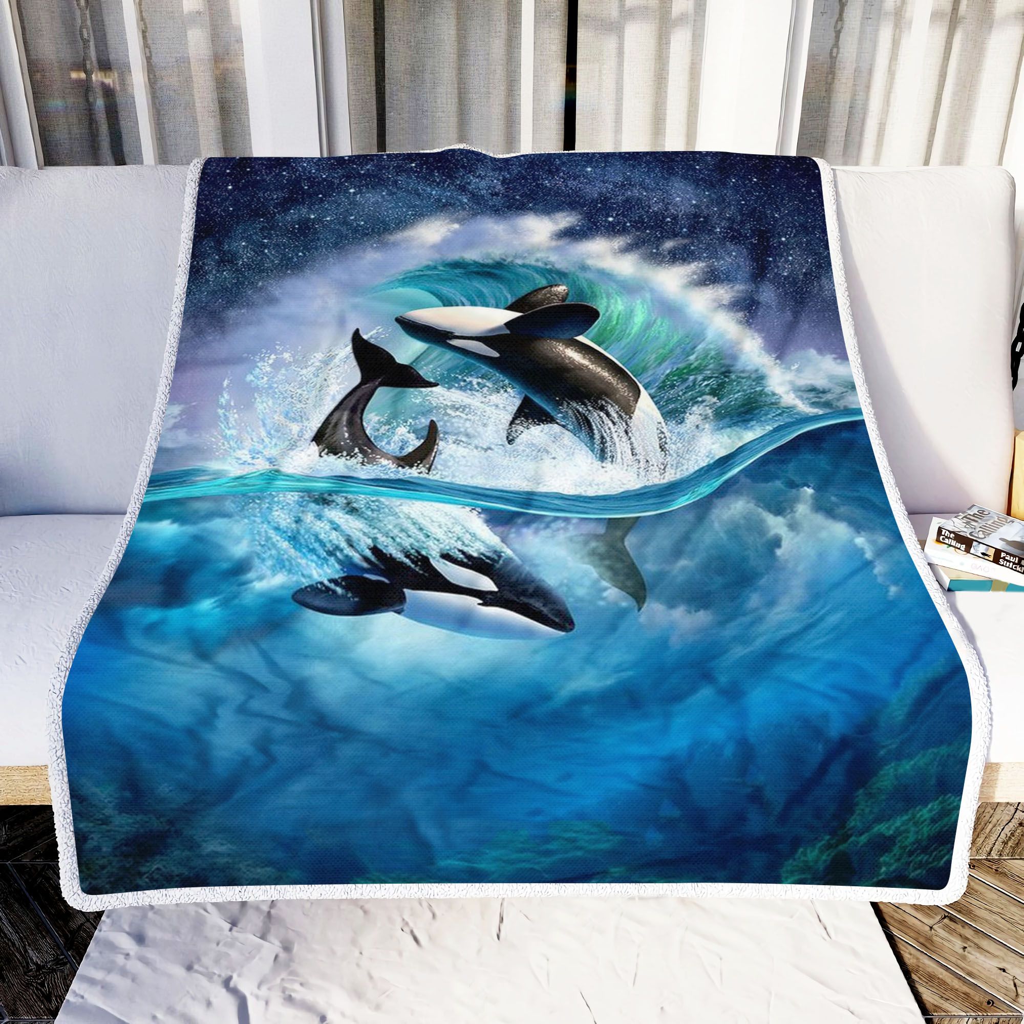 Orca Couple Wave Fleece Blanket