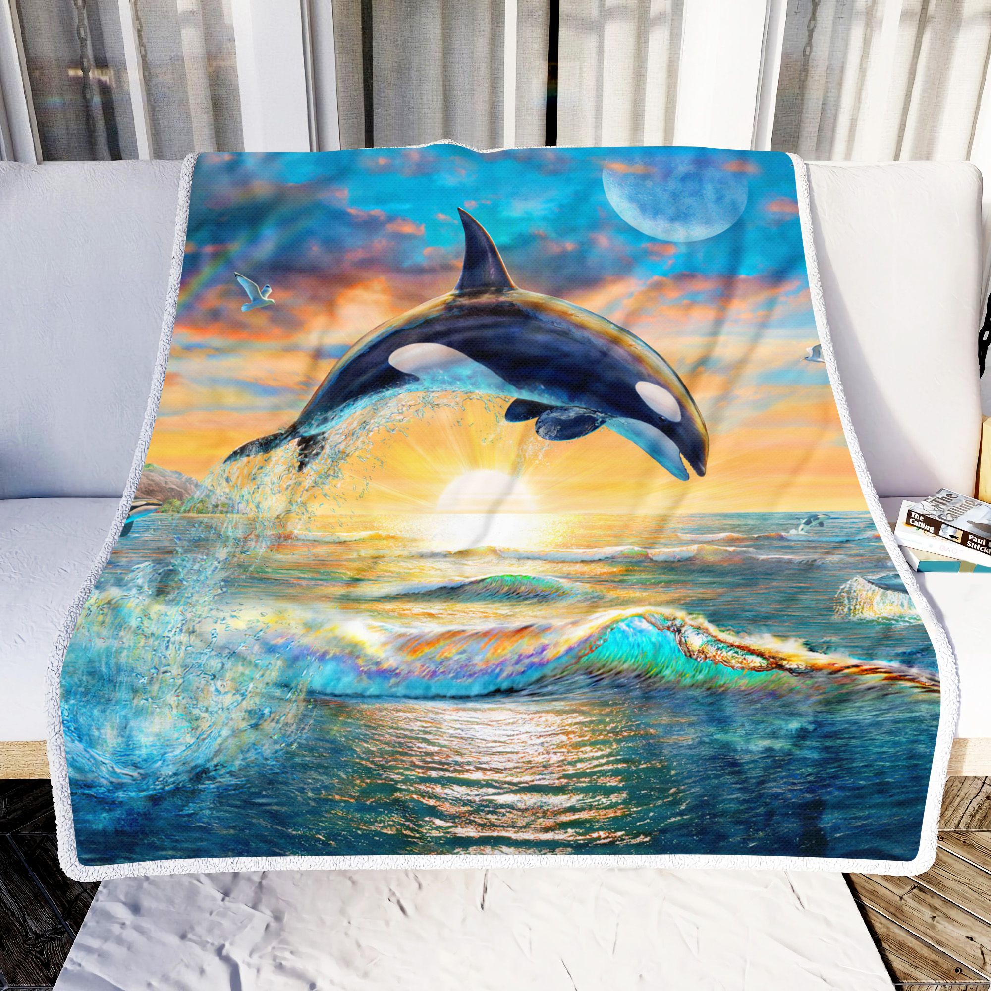 Orca Whale At Sunset Fleece Blanket