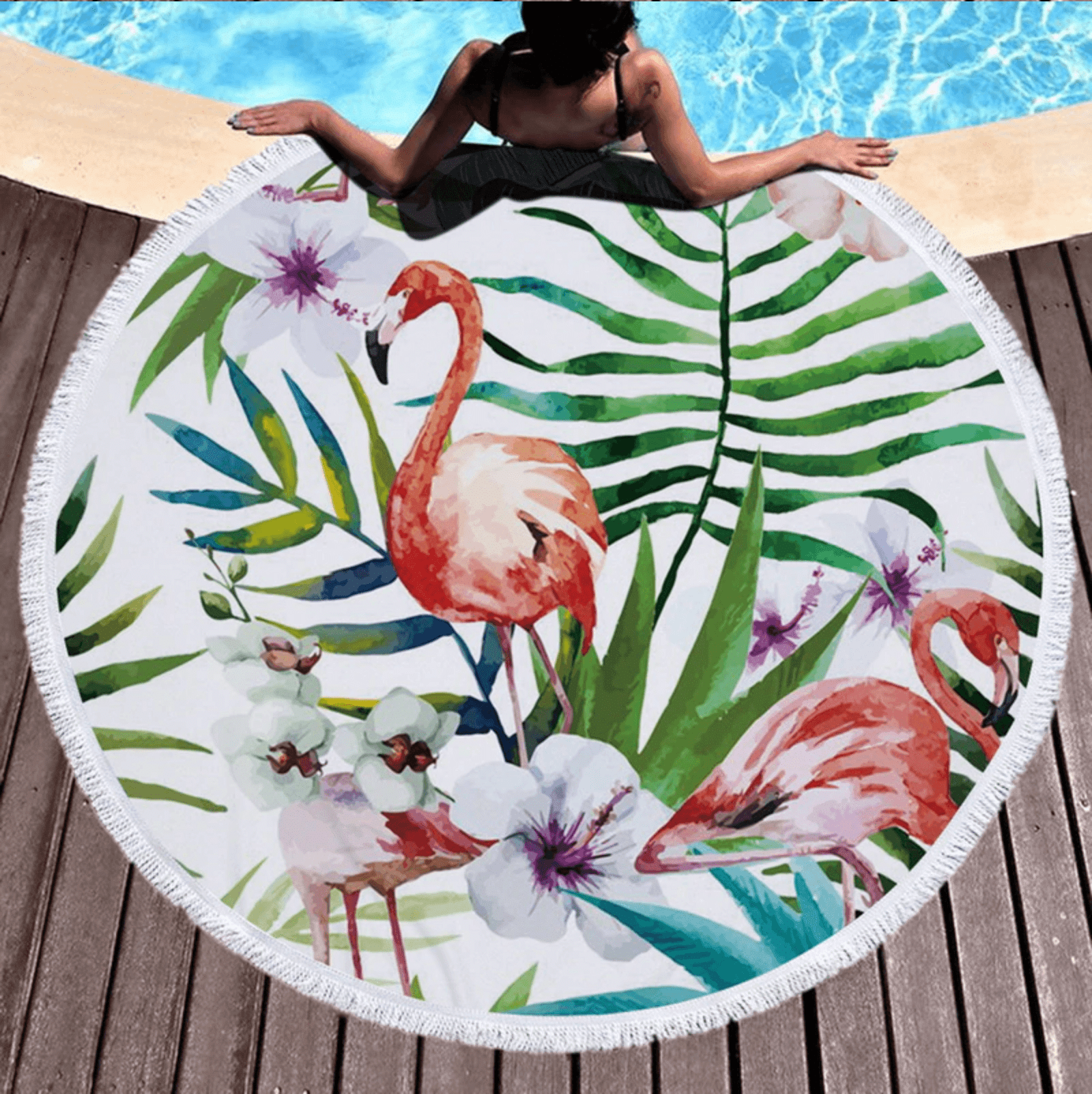 Orchid And Flamingo Tropical Leaves Printed Round Beach Towel