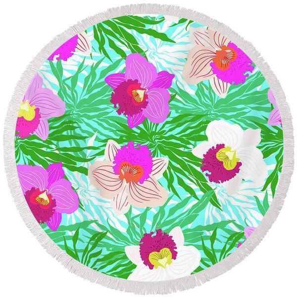 Orchid Passion Green Leaves Printed Round Beach Towel