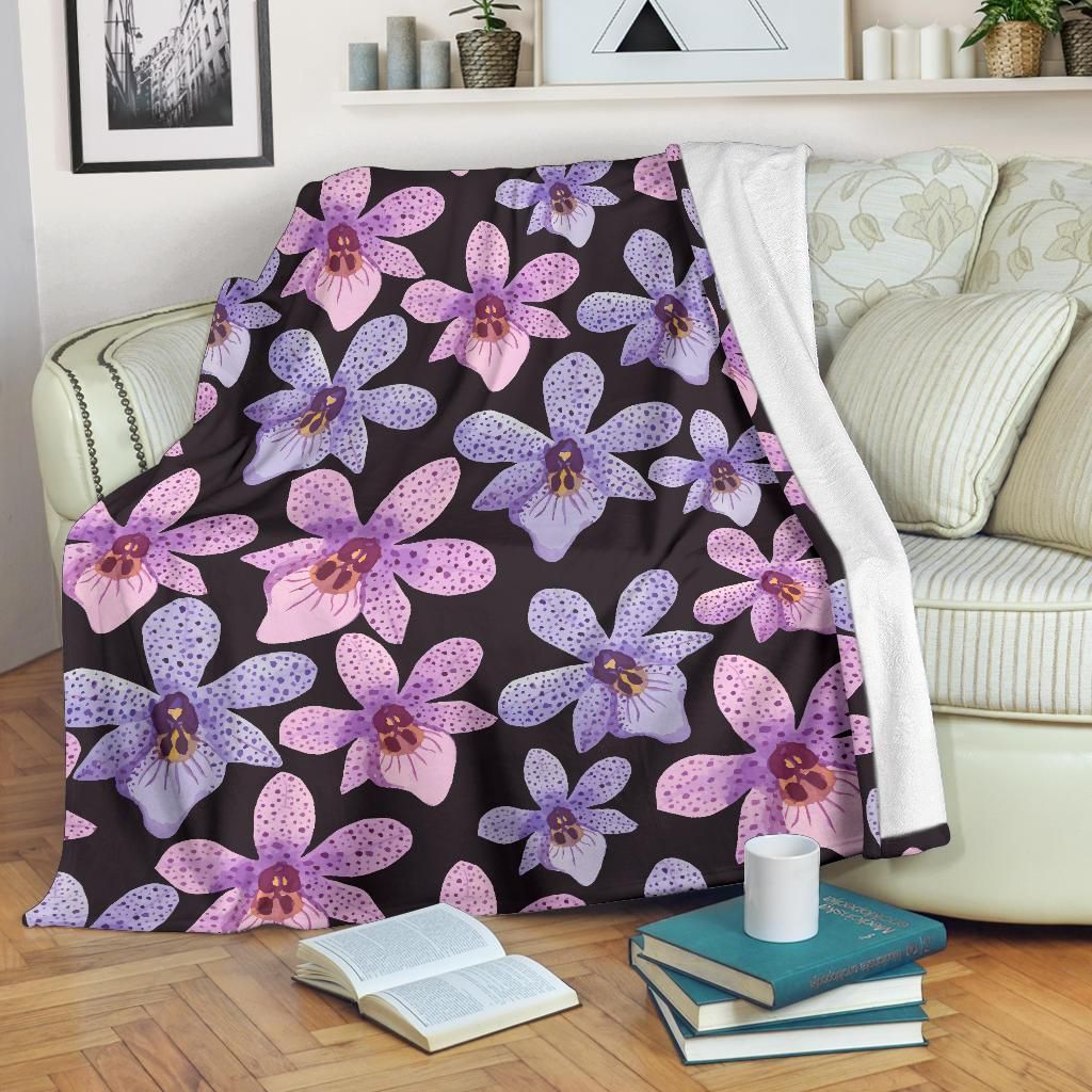 Orchid Pattern Print Design Black Fleece Blanket