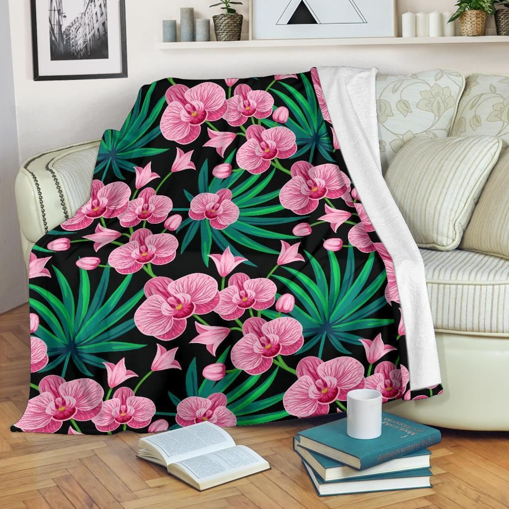 Orchid Pink Flower Pattern Printed Fleece Blanket
