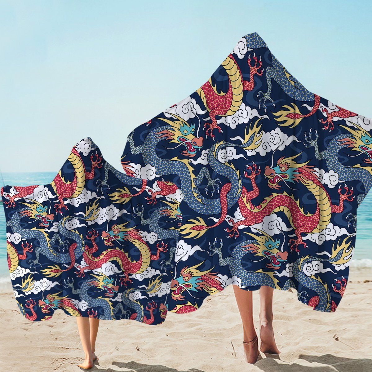 Oriental Chinese Dragons Printed Hooded Towel