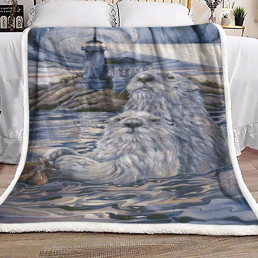 Otter And Lighthouse Sherpa Fleece Blanket