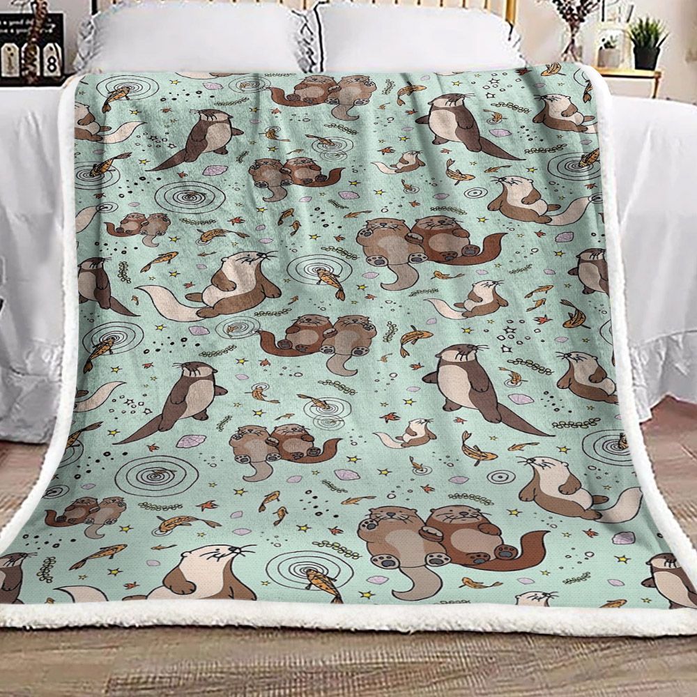 Otters In Blue Sherpa Fleece Blanket