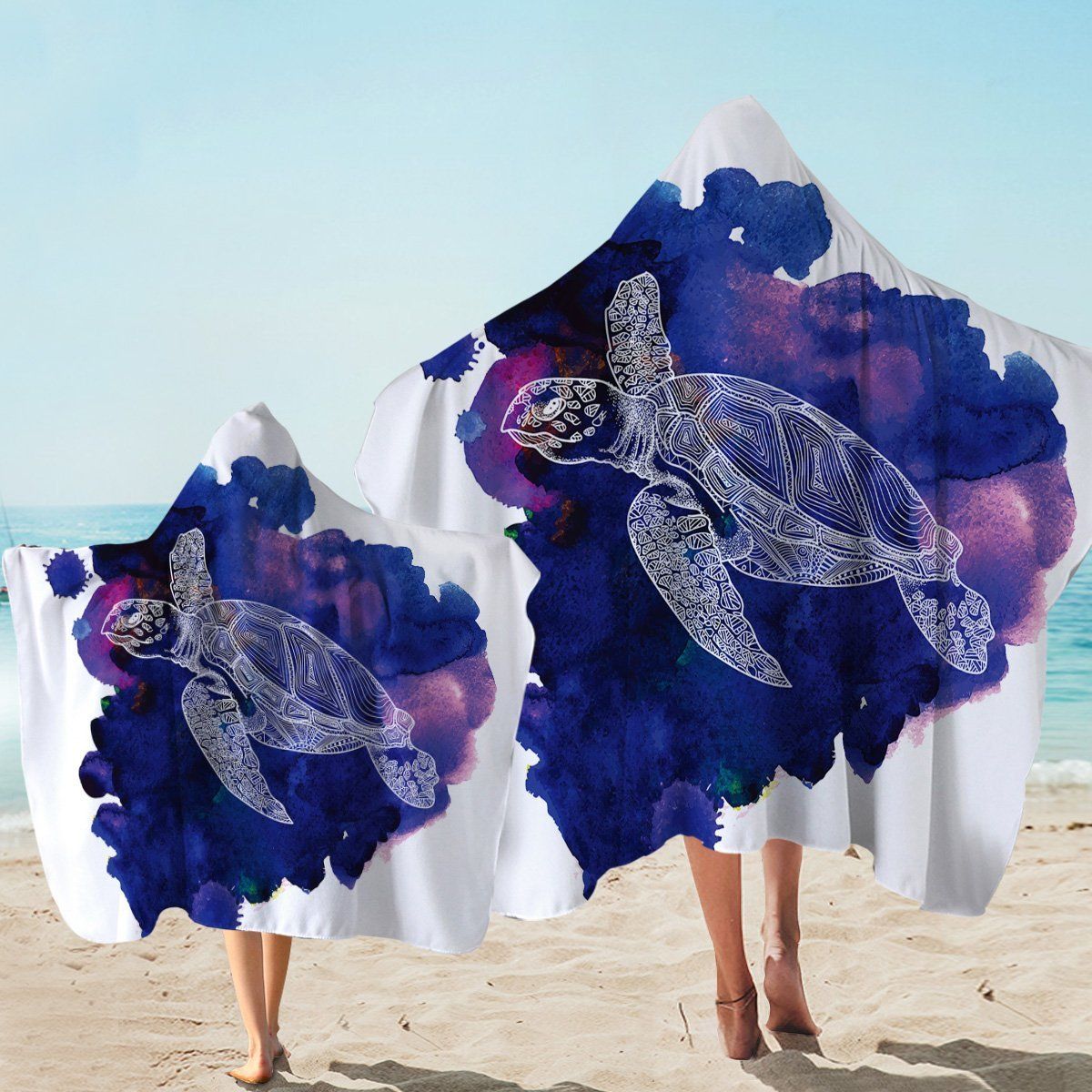 Outline Turtle Blue Ink On White Printed Hooded Towel