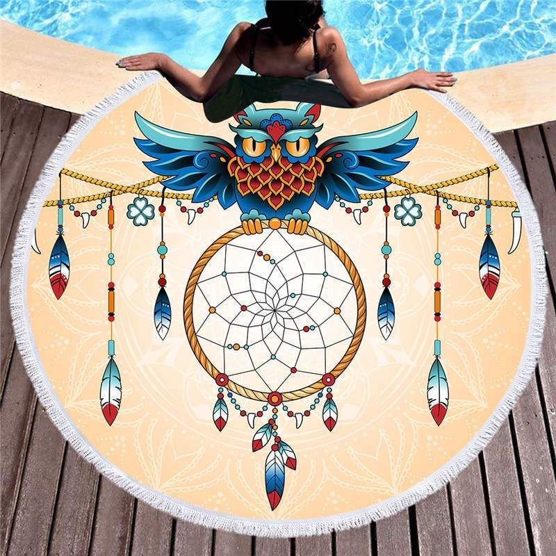 Owl And Dream Catcher Printed Round Beach Towel