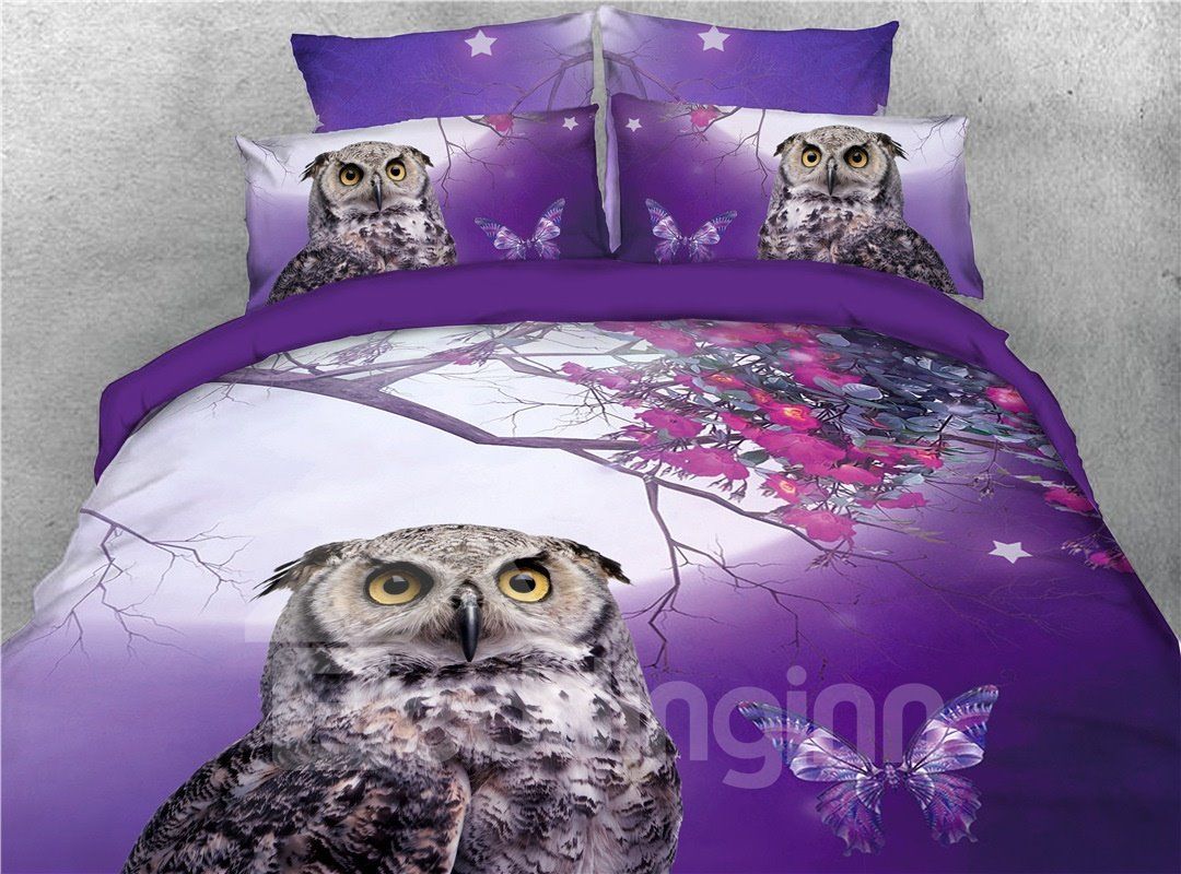 Owl and Flower Butterfly Purple Bedding Set