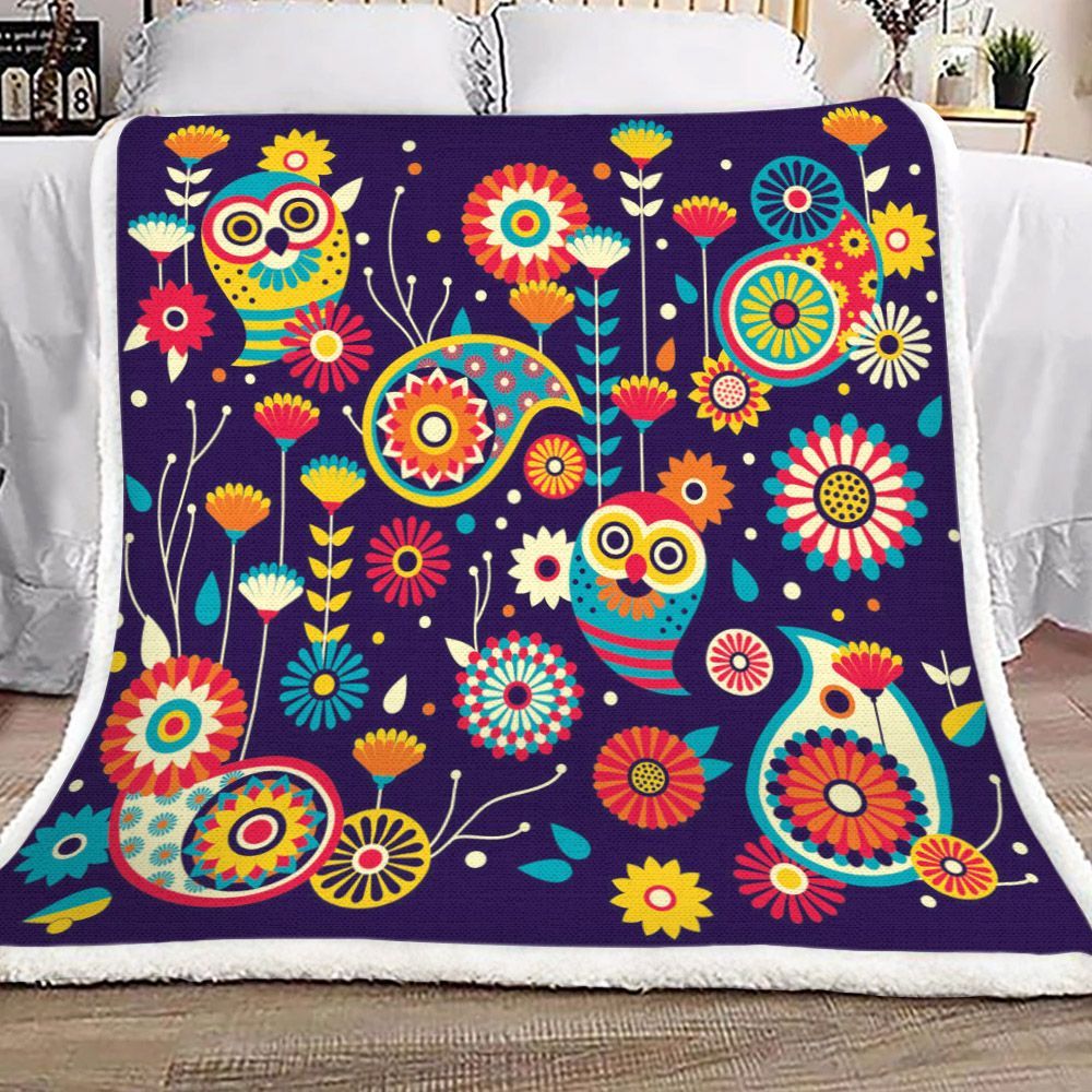 Owl And Flower Sherpa Fleece Blanket