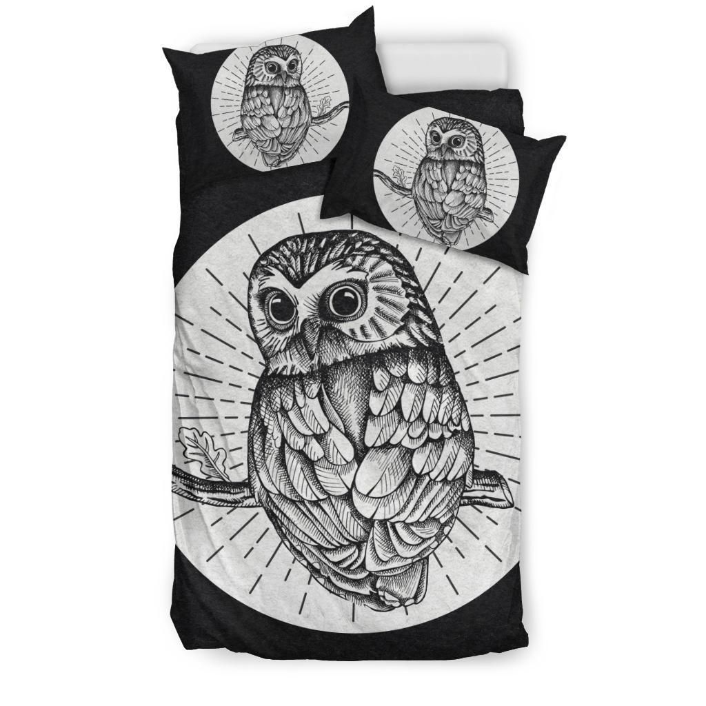 Owl At Night Black And White Bedding Set