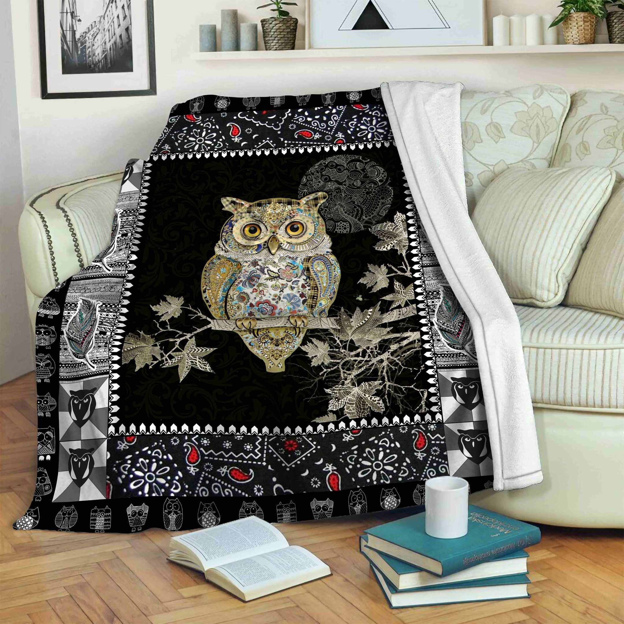 Owl Black Sherpa Fleece Blanket
