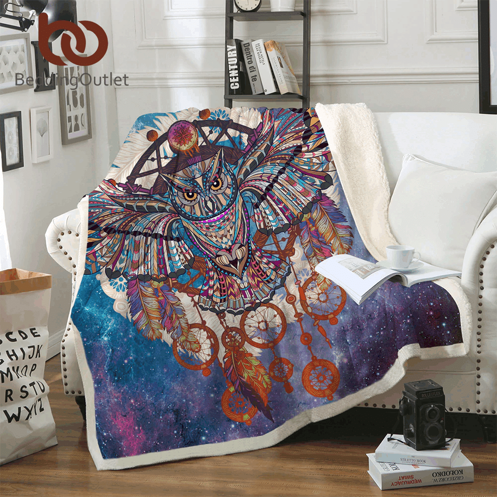 Owl Bohemian Sherpa Fleece Blanket