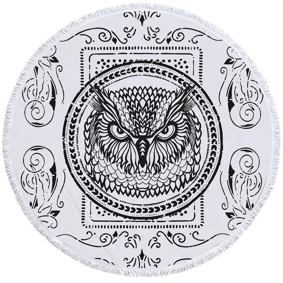 Owl Card Black And White Printed Round Beach Towel