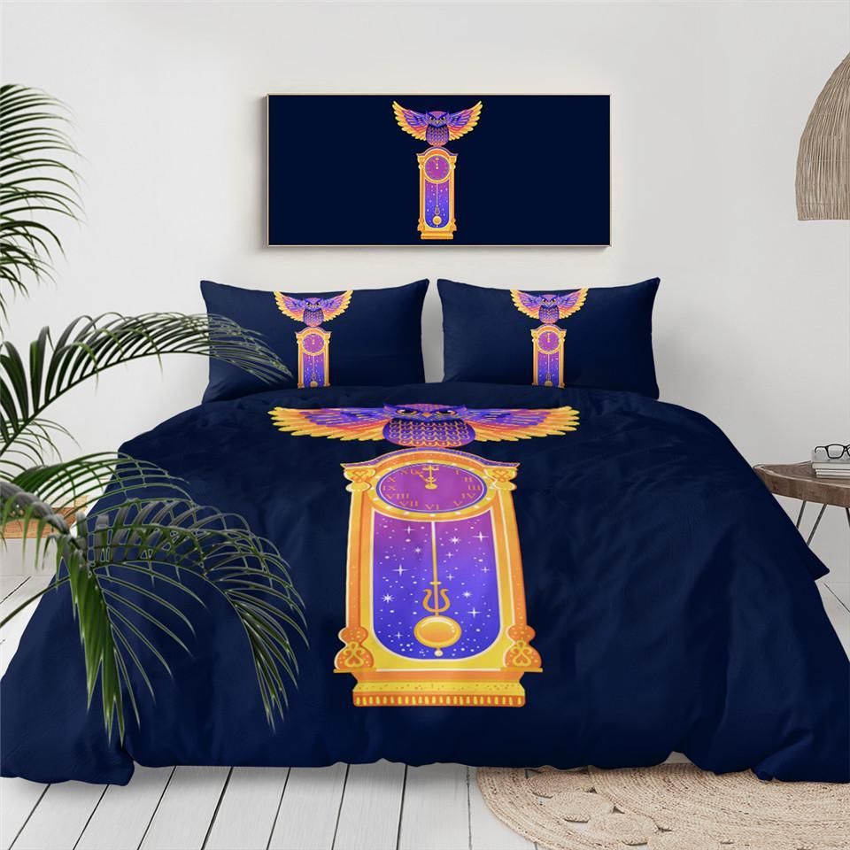 Owl Clock Dark Blue Bedding Set