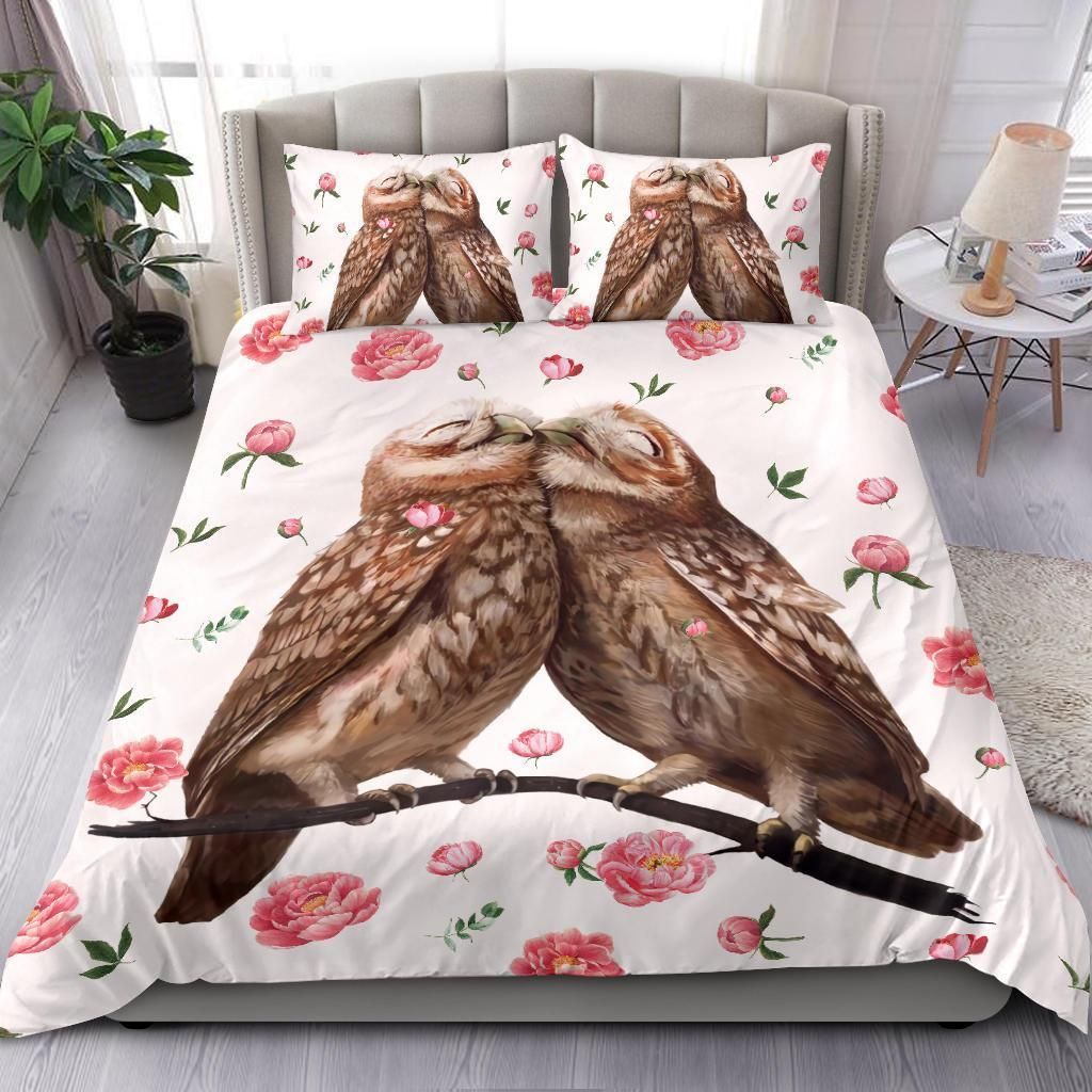 Owl Couple Cherry Blossom Bedding Set