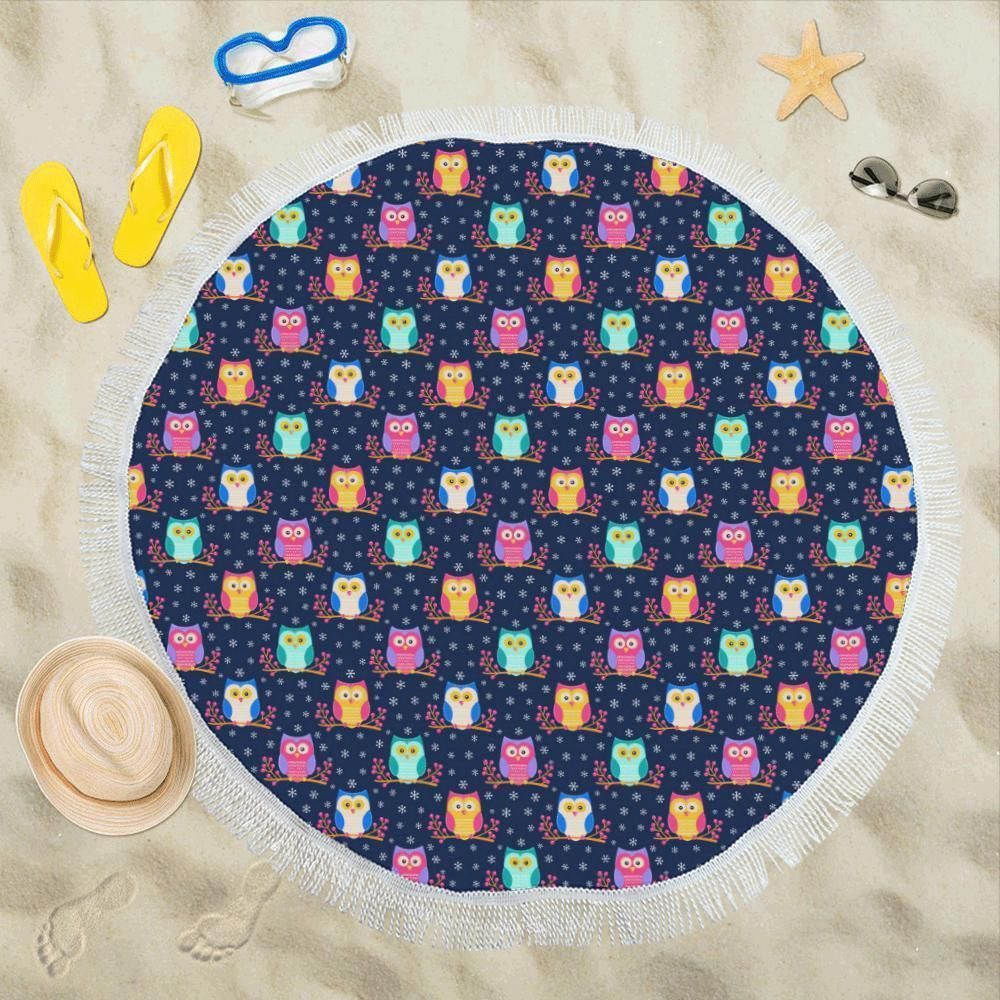 Owl Cute Themed Design Printed Round Beach Towel