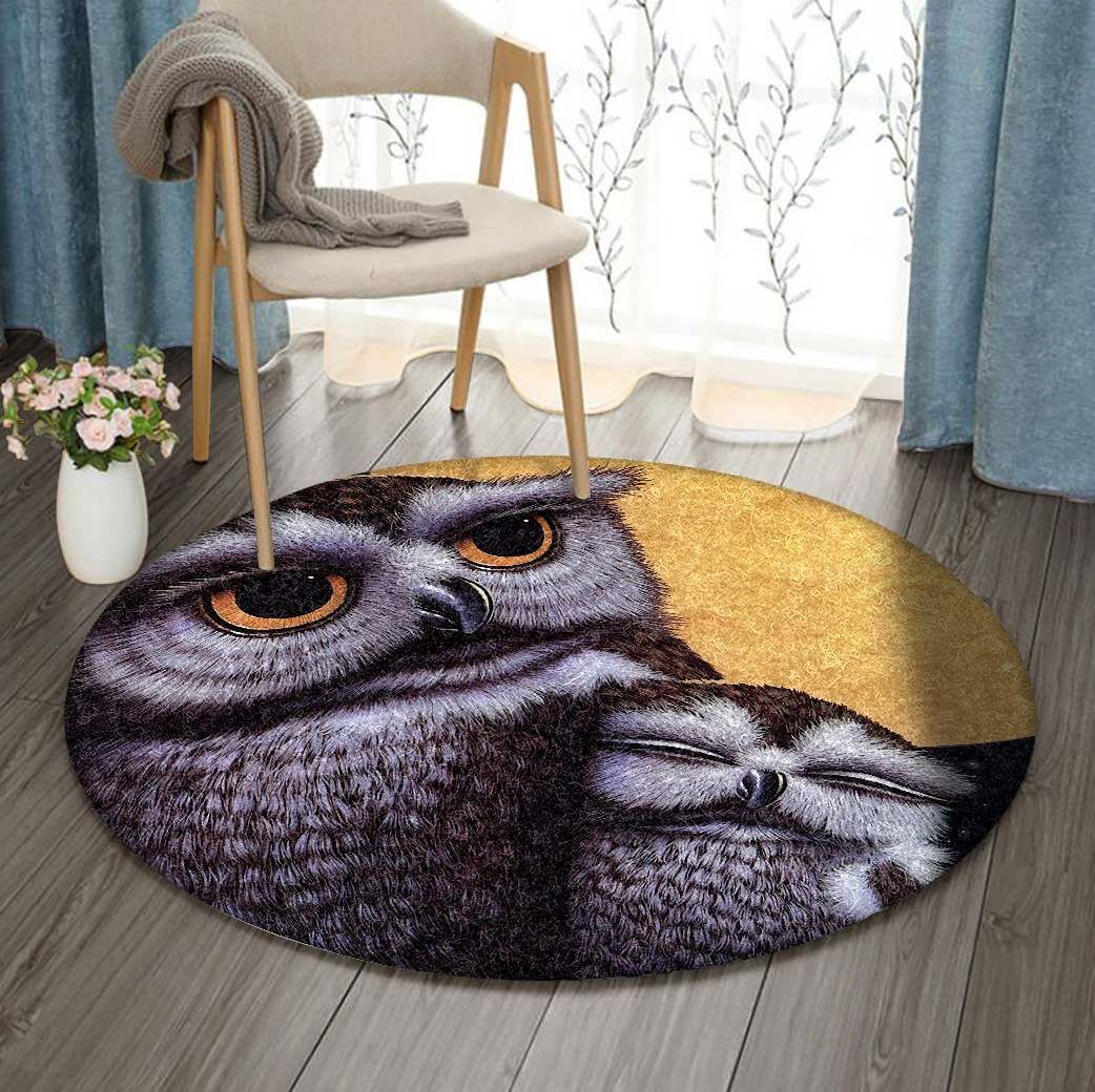Owl Family In Moon Night Round Carpet