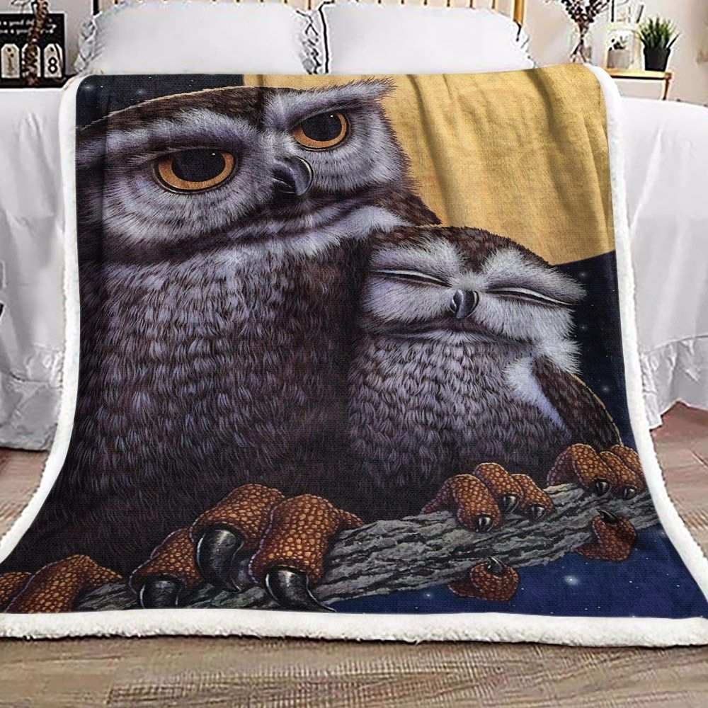 Owl Family In Moon Night Sherpa Fleece Blanket
