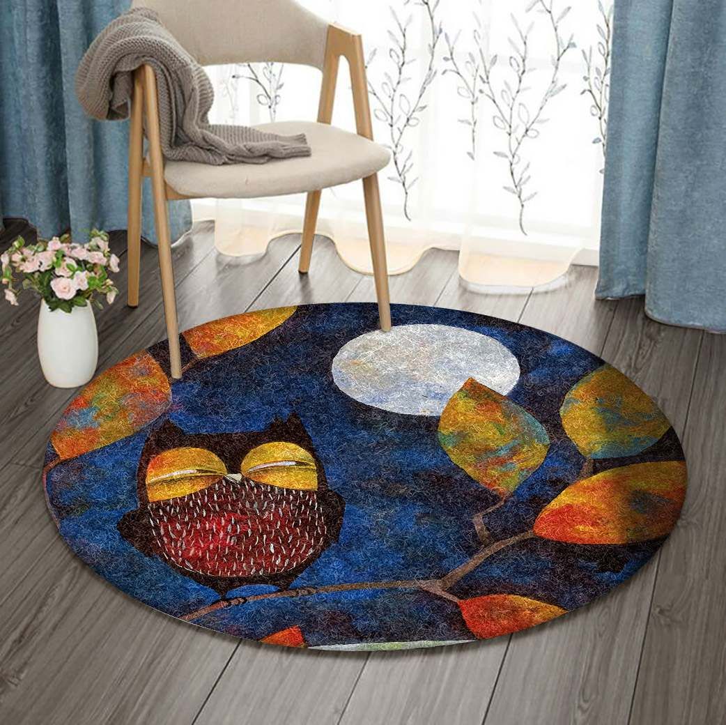Owl In Autumn Moon Night Round Carpet