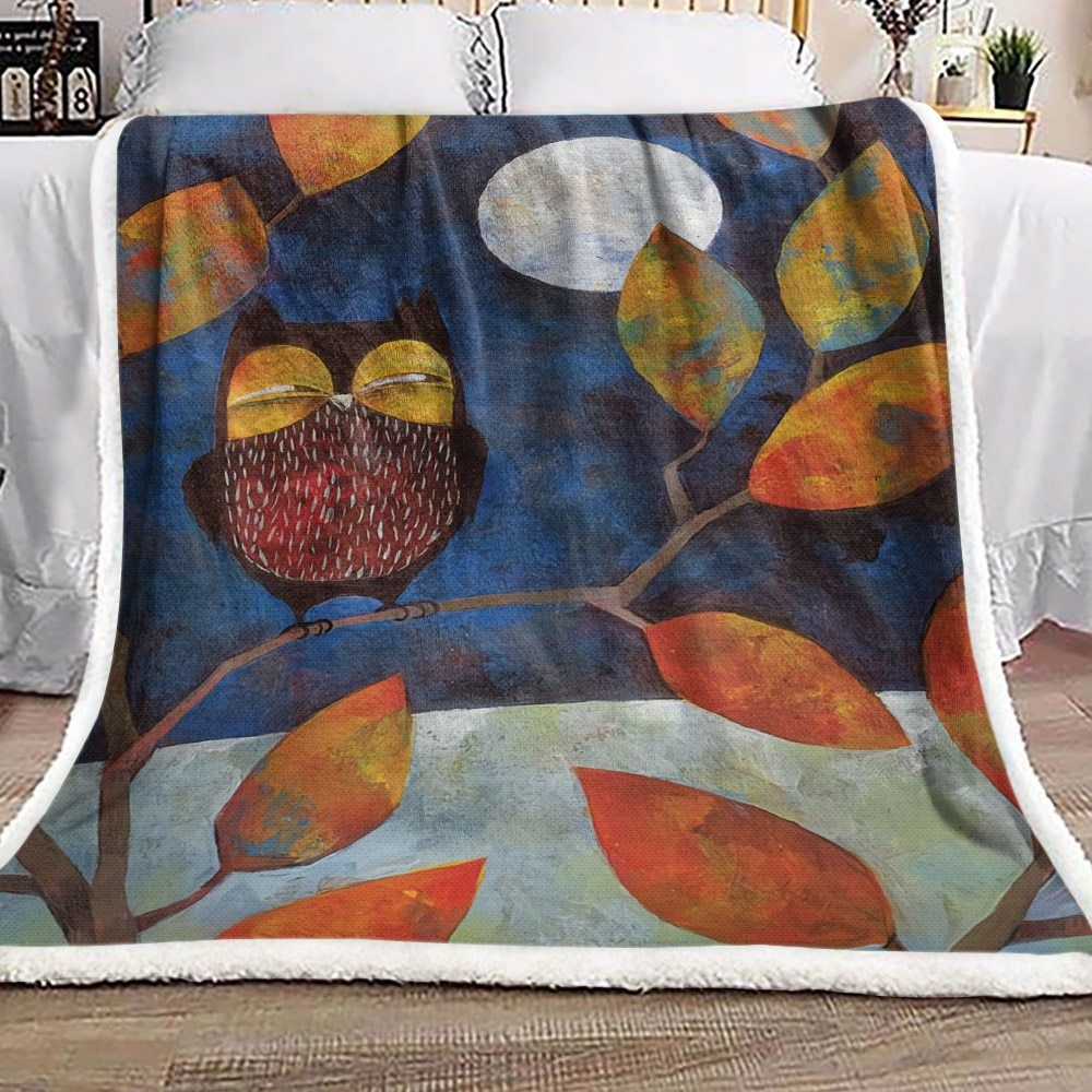 Owl In Autumn Moon Night Sherpa Fleece Blanket