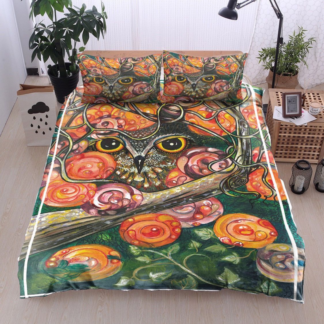 Owl In Orange Blossoms Bedding Set
