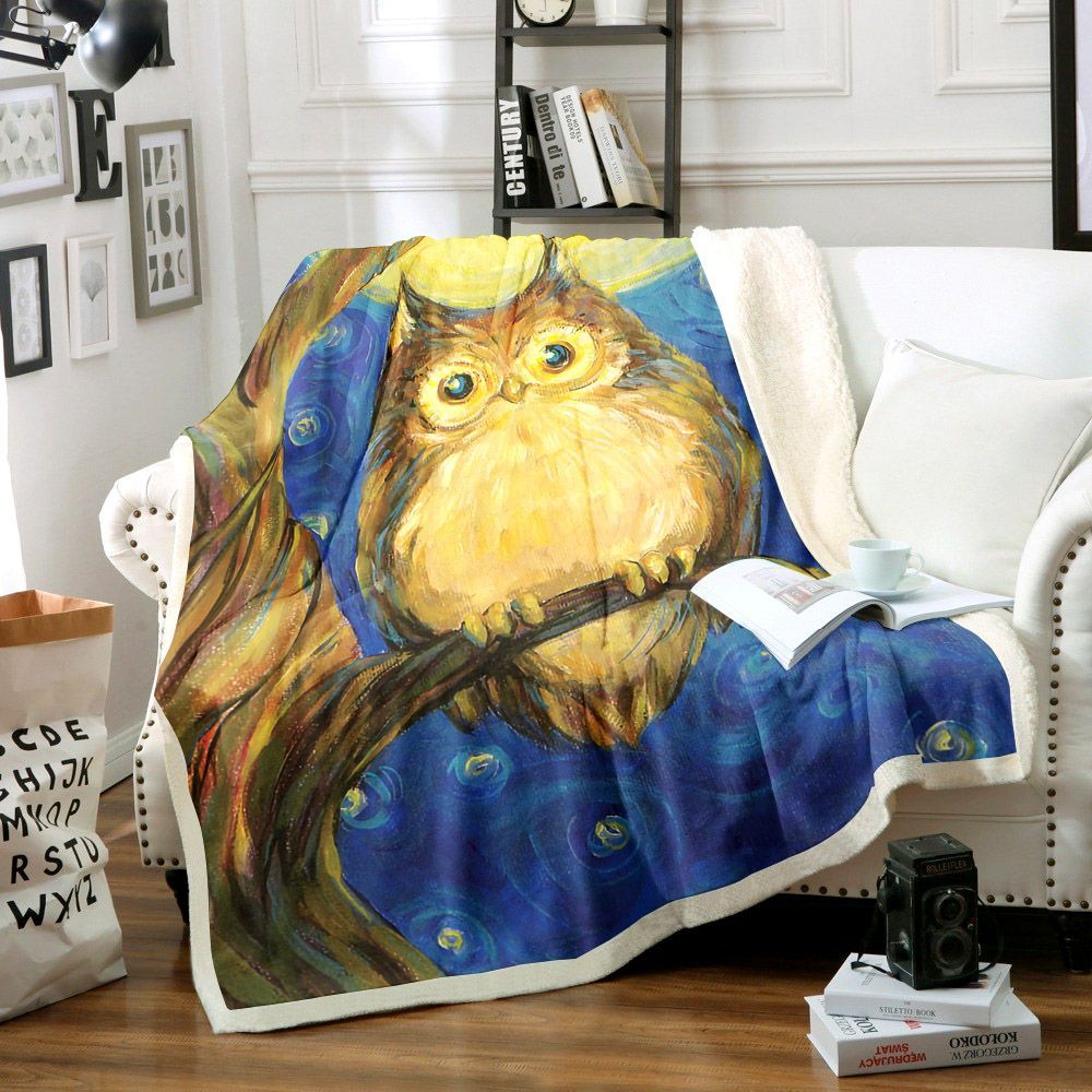 Owl In Starry Night Sherpa Fleece Blanket