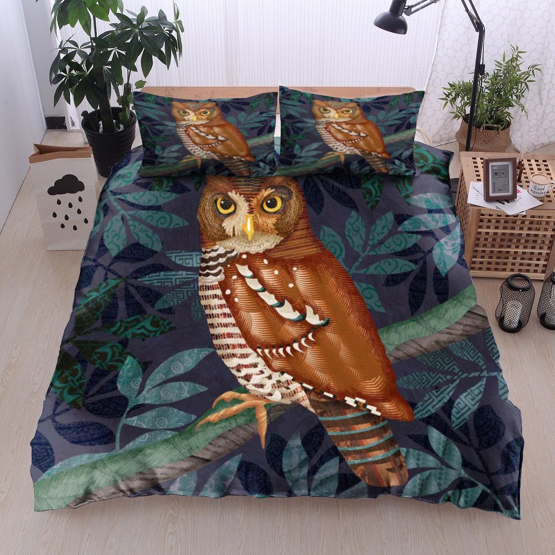 Owl Leaf Blue Bedding Set