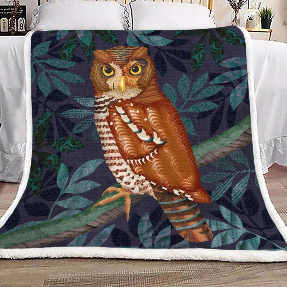 Owl Leaf Blue Sherpa Fleece Blanket