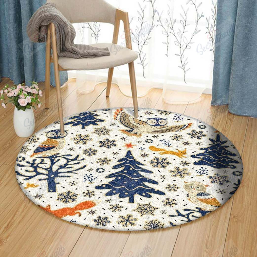 Owl Tree Snowflake Christmas Round Carpet
