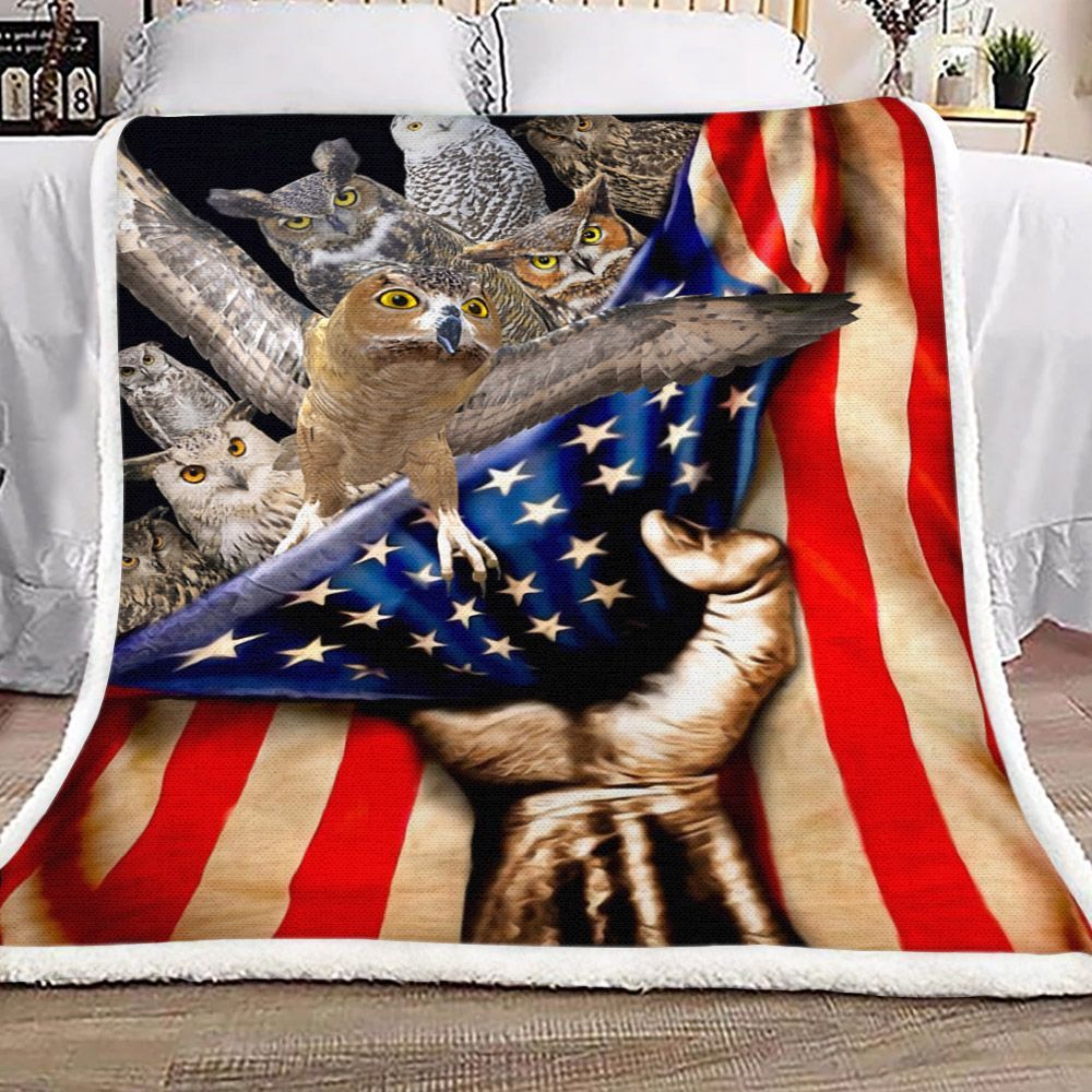 Owls Are Behind The American Flag Sherpa Fleece Blanket