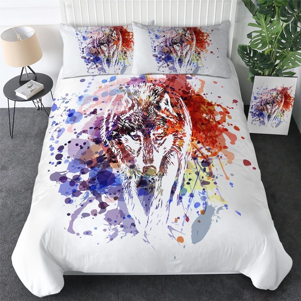 Paint Splatter White Wolf Bedding Set