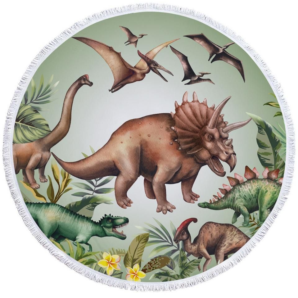 Painted Dinosaurs White Printed Round Beach Towel