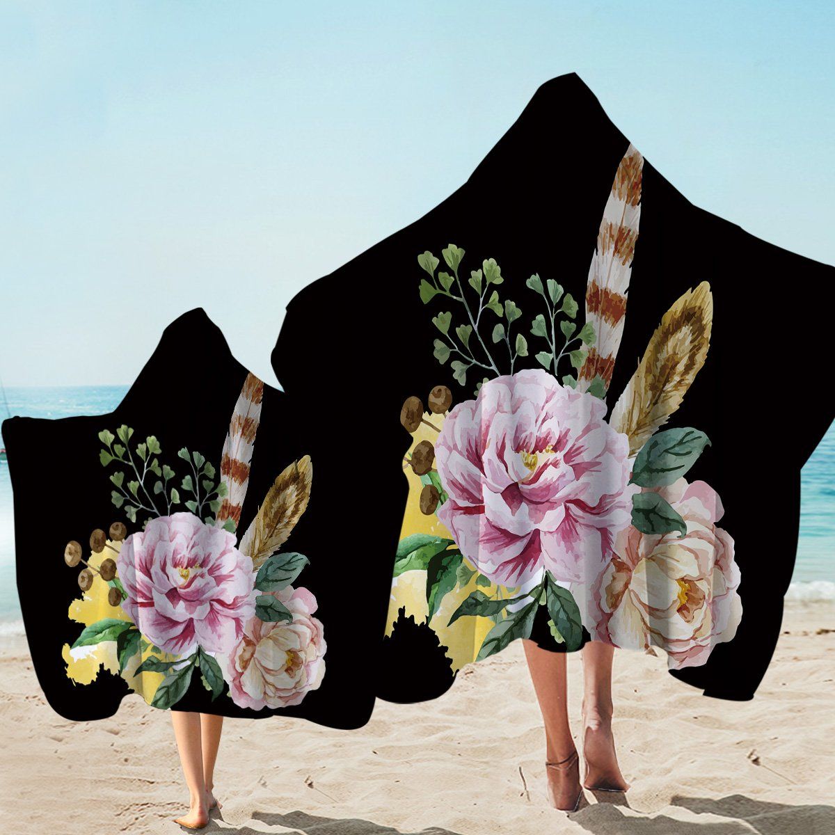 Painted Flower Black Printed Hooded Towel